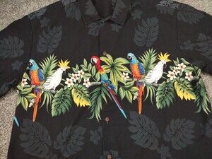 Pacific Legend Hawaiian Shirt Mens Large Black Parrot Macaw Tropical Palm Cabana